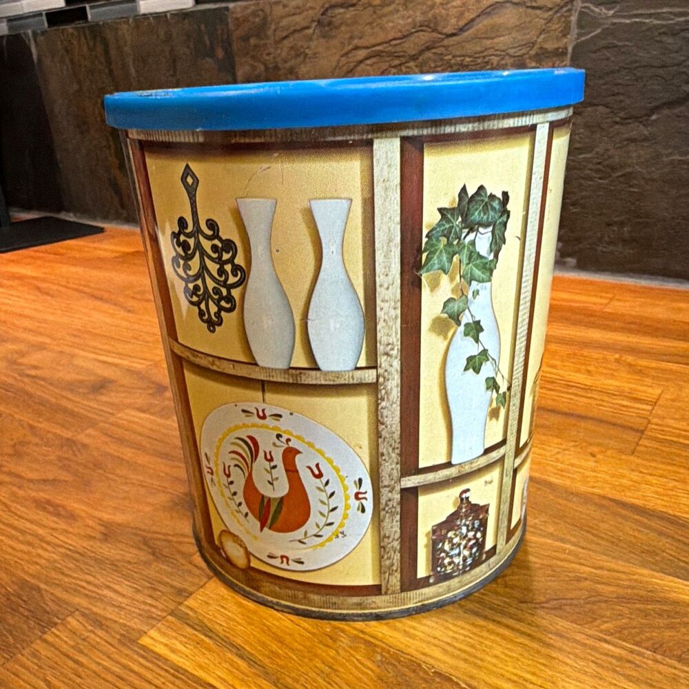 Vintage Decorative Biscuit Tin Canister w/ Blue Plastic Lid, 6" x 5"